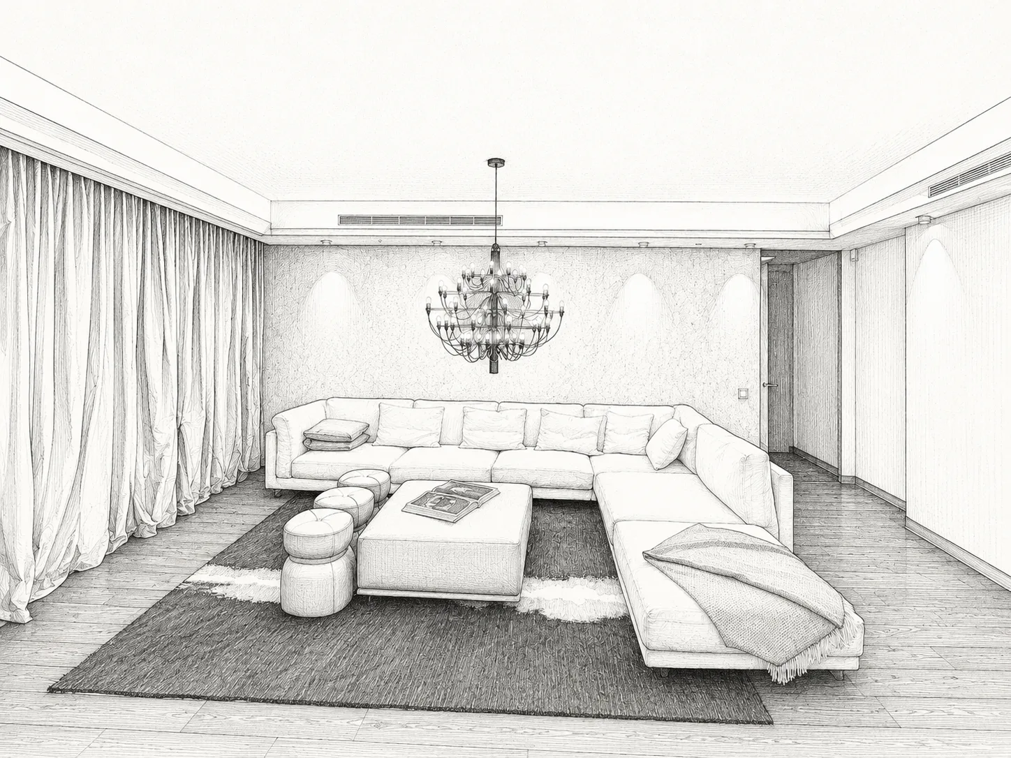 Luxury living room with Flos 2097 chandelier and white modular sofa, renovated villa in Cannes
