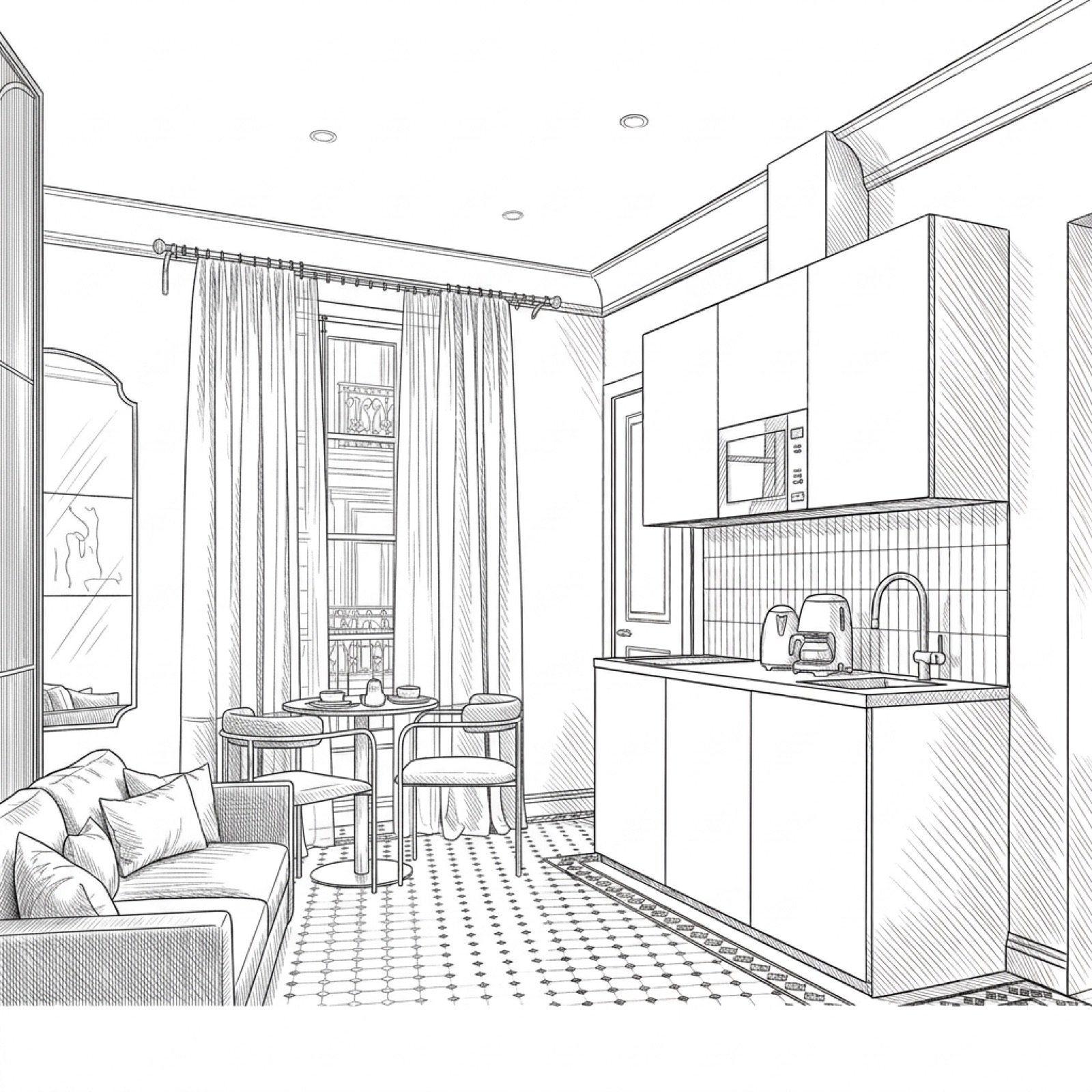 Rénovation d'un studio avec kitchenette sur mesure à l'Aparthotel Alberti, Nice, dessin d'architecte