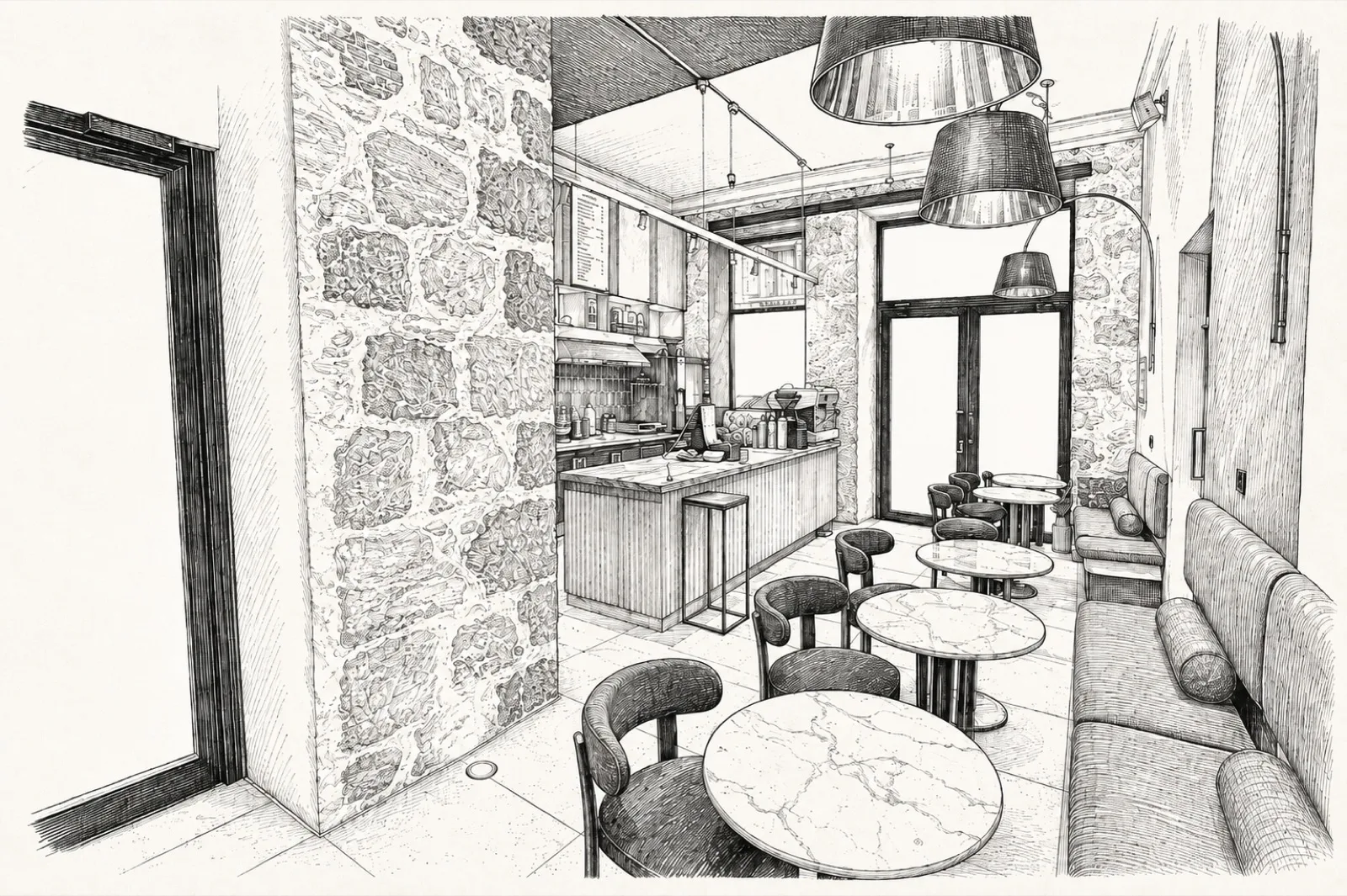 Rénovation du café Avec Toi à Nice, salle avec murs en pierre et tables en marbre
