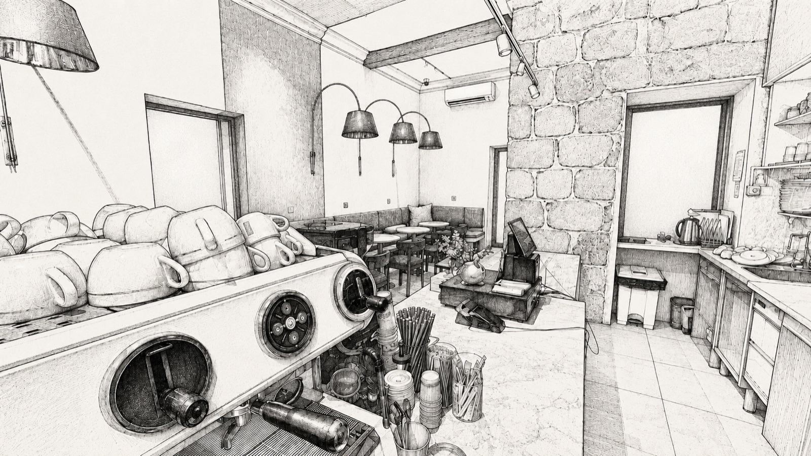 Rénovation d'un café à Nice, comptoir et espace barista, dessin d'architecte