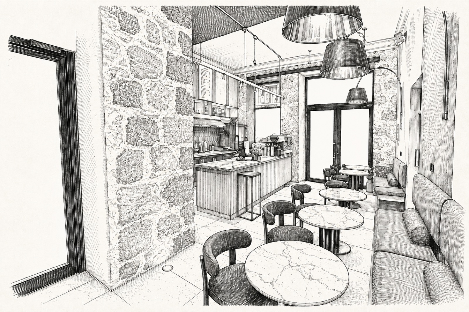 Rénovation d'un café à Nice, salle avec mur en pierre et tables en marbre, dessin d'architecte